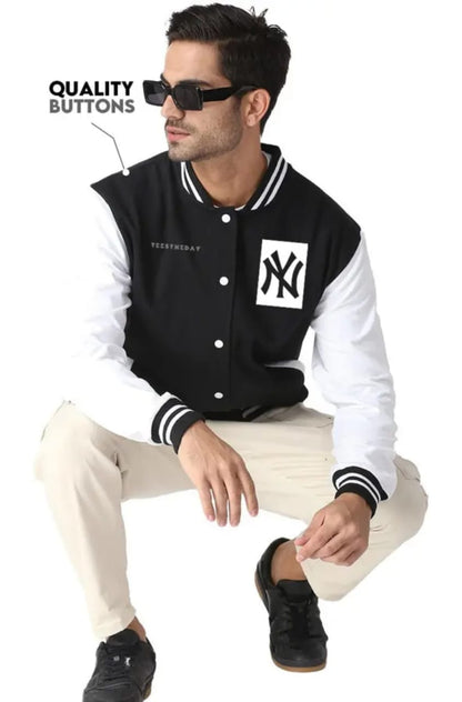 Premium Varsity Vibe Classic Bomber Jacket – Black & White Edition